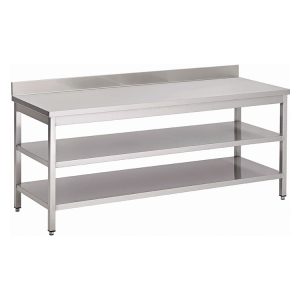 Gastro-Inox RVS werktafel met dubbel onderblad en achteropstand, 900(l)x700(d)x880(h)mm