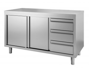 Gastro-Inox RVS werkbank 1200(l)x700(d)x880(h)mm met klapdeuren en 3 laden