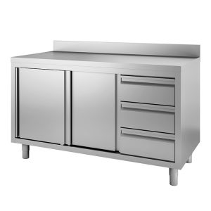 Gastro-Inox RVS werkbank 1000(l)x700(d)x880(h)mm met klapdeuren, 3 laden en achteropstand
