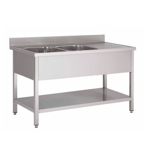 Gastro-Inox RVS spoelwerktafel met 2 spoelbakken links en onderblad 2000(l)x600(d)x880(h)mm