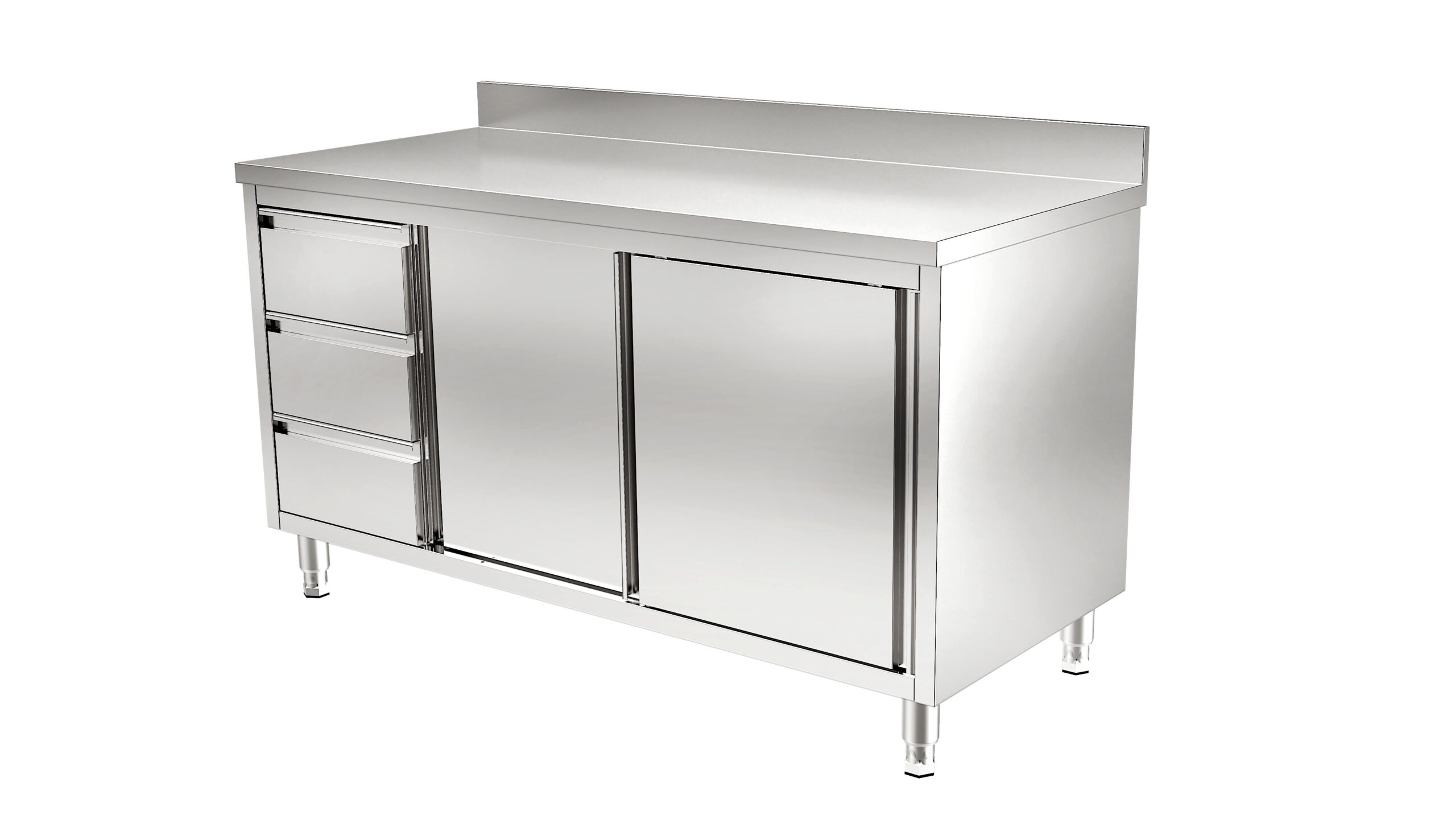 RVS Horeca Werkbank met Schuifdeuren en 3 Lades links met rand | 1400x700x900mm Heaven